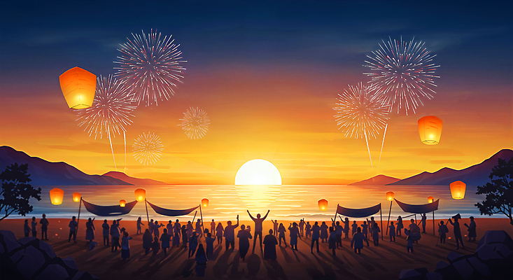 JPG 편집이미지 바다 하늘 새해 불꽃놀이 풍경 여러명 해변 여름 빛 태양 축제 모임 즐거움 연등 해돋이축제 이미지편집 자연요소 계절 감정 다수 놀이 사람 일출 등불 불교용품 파일형식