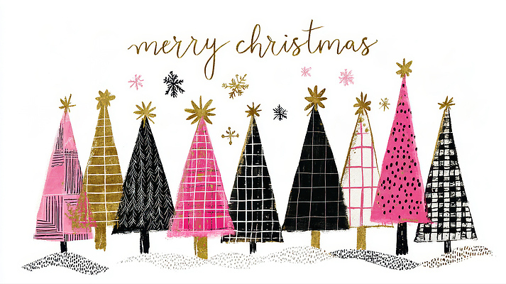 JPG 나무 디자인 별 예술 분홍색 컬러 백그라운드 크리스마스 겨울 패턴 일러스트 장식 크리스마스트리 파티 검은색 축제 금색 눈송이 분위기 국내일러스트 AI일러스트 AI콘텐츠 자연요소 식물 계절 기념일 컨셉 무늬 눈_날씨 이벤트 파일형식