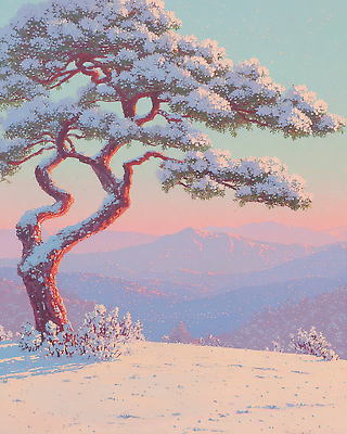 JPG 나무 겨울 일러스트 자연 하늘 생명 산 거리 눈꽃 풍경 고요 황혼 소나무 저녁 조경 조용 뷰티풀 오후 풍요 산맥 국내일러스트 AI일러스트 AI콘텐츠 식물 계절 컨셉 눈_날씨 일몰 야간 생태계 파일형식