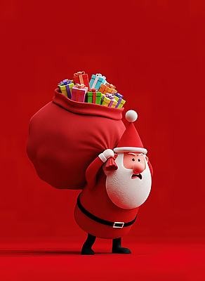 캐릭터 계절 기념일 감정 컬러 컨셉 크리스마스 이벤트 3D 파일형식 산타클로스 선물 기쁨 행복 겨울 축제 자루 전통 상징 백그라운드 짐 출발 준비 빨간색 장식 JPG 편집이미지 편집3D 3D캐릭터