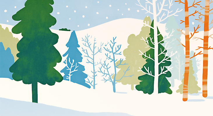 JPG 나무 계절 겨울 일러스트 자연 눈사람 하늘 산 풍경 야외 초록색 평화 고요 소나무 숲속 숲 전나무 자작나무 흰눈 국내일러스트 AI일러스트 AI콘텐츠 식물 컬러 컨셉 눈_날씨 생태계 파일형식
