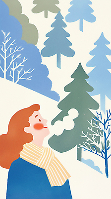 JPG 나무 여자 감정 어린이 컬러 겨울 일러스트 자연 하늘 바람 따뜻함 풍경 일상 스카프 표현 호흡 차가움 숲 국내일러스트 AI일러스트 AI콘텐츠 자연요소 식물 계절 날씨 사람 라이프 목도리 생태계 파일형식