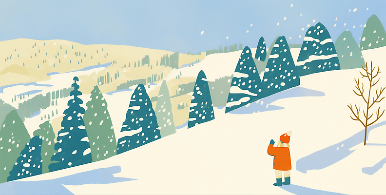 JPG 나무 옷 겨울 일러스트 모션 자연 하늘 산 사람 풍경 주황색 고요 산책 감상 나뭇가지 눈송이 차가움 즐거움 뷰티풀 풍경화 국내일러스트 AI일러스트 AI콘텐츠 식물 계절 감정 컬러 휴식 눈_날씨 그림 생태계 파일형식