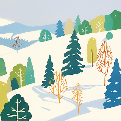 JPG 나무 컬러 크리스마스 겨울 일러스트 자연 산 풍경 나뭇가지 소나무 비교 숲속 숲 언덕 조화 산악지역 겨울풍경 국내일러스트 AI일러스트 AI콘텐츠 식물 계절 기념일 컨셉 생태계 파일형식