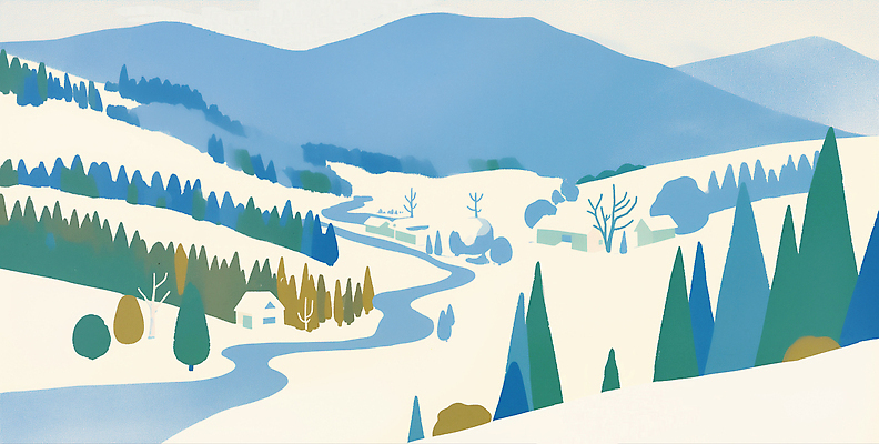 JPG 나무 컬러 겨울 일러스트 자연 하늘 산 주택 따뜻함 풍경 초원 강 평화 흐름 차가움 숲 조화 뷰티풀 풍경화 국내일러스트 AI일러스트 AI콘텐츠 식물 계절 컨셉 건물 그림 생태계 파일형식