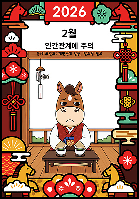 감정 아시아 동물캐릭터 컨셉 관계 말_동물 날짜 연도 파일형식 벡터 2026년 2월 한국 전통 방 캐릭터 표정 인간관계 우울감 오브젝트 꾸미기 분위기 디자인 경고 그림 컬러 예술 AI파일 국내일러스트 일러스트 운세 말캐릭터 병오년