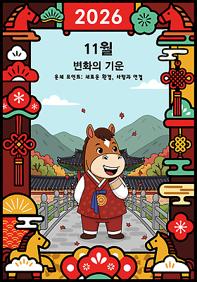 계절 아시아 동물캐릭터 컨셉 잎 표정 이벤트 말_동물 날짜 연도 파일형식 벡터 2026년 11월 말캐릭터 겨울 전통 한국 산 단풍 미소 풍경 문화 디자인 그림 축제 기념일 귀여움 웃음 백그라운드 AI파일 국내일러스트 일러스트 운세 병오년