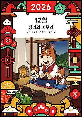 자연요소 전통 그릇 기념일 감정 아시아 동물캐릭터 컨셉 관계 표정 말_동물 날짜 연도 파일형식 벡터 2026년 12월 정리 마무리 가족 따뜻함 웃음 캐릭터 평화 가정 행복 크리스마스 연말 명절 한국 문화 시간 불 화로 AI파일 국내일러스트 일러스트 운세 말캐릭터 병오년