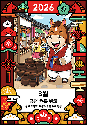 아시아 동물캐릭터 컨셉 말_동물 날짜 재산 연도 파일형식 벡터 2026년 3월 돈 흐름 변화 동물 캐릭터 전통 시장 도자기 한국 상점 귀여움 풍경 문화 그림 디자인 AI파일 국내일러스트 일러스트 운세 말캐릭터 병오년