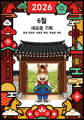 아시아 동물캐릭터 컨셉 표정 말_동물 날짜 연도 파일형식 벡터 2026년 포스터 한국 전통 건축 캐릭터 6월 새로움 기회 문화 디자인 컬러 귀여움 풍경 웃음 선택 예술 그래픽 전시 AI파일 국내일러스트 일러스트 운세 말캐릭터 병오년