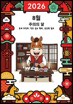전통 감정 동물캐릭터 가구 한국 공휴일 말_동물 날짜 연도 파일형식 벡터 2026년 8월 말캐릭터 전통의상 식사 책장 한국전통 연휴 축제 디자인 문화 즐거움 경고 동물 캐릭터 AI파일 국내일러스트 일러스트 운세 병오년