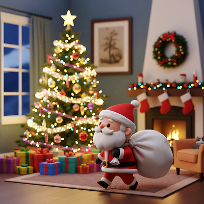 JPG 편집이미지 크리스마스 겨울 가족 조명 3D캐릭터 실내 선물 장식 장난감 크리스마스트리 산타클로스 축제 축하 휴일 편안함 벽난로 편집3D 캐릭터 계절 기념일 컨셉 관계 내부 3D 감각 파일형식