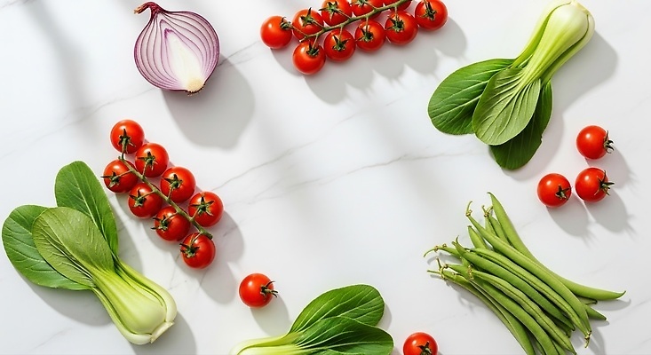 JPG 편집이미지 채소 식재료 방울토마토 요리 주방 샐러드 청경채 건강식 그린빈 식사준비 적양파 맛있는 편집실사 음식 토마토 양파 콩 CG 준비 파일형식