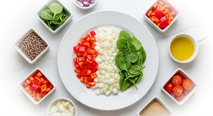 JPG 편집이미지 다이어트 채소 재료 양파 피망 오이 건강 요리 식사 샐러드 신선 준비 서빙 시금치 편리함 편집실사 음식 컨셉 CG 파일형식