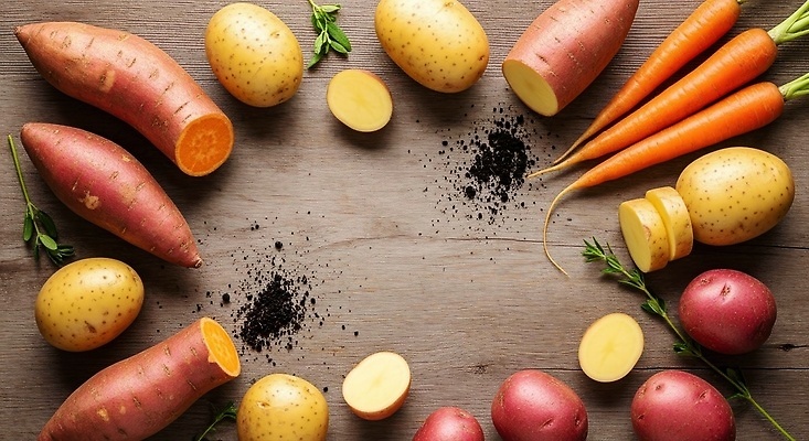 JPG 모양 편집이미지 음식 컬러 채소 자연 감자 건강 요리 농작물 주황색 당근 신선 고구마 나무탁자 식자재 편집실사 농업 탁자 뿌리채소 CG 생태계 파일형식