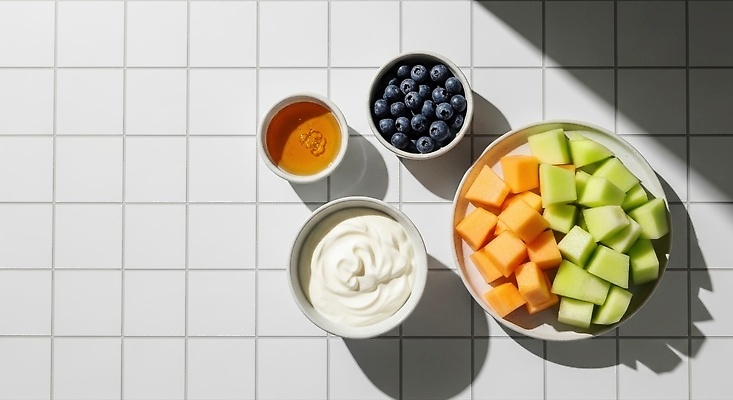 JPG 편집이미지 그릇 컬러 과일 아침 건강 식사 신선 맛 아침식사 멜론 블루베리 망고 꿀 요거트 편집실사 주간 식기 컨셉 유제품 CG 열대과일 파일형식