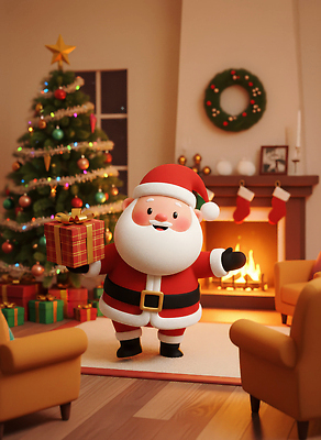 JPG 편집이미지 행복 크리스마스 거실 가정 3D캐릭터 선물 미소 장식 빛 인테리어 크리스마스트리 산타클로스 축제 벽난로 연말 편집3D AI컴퓨터그래픽 AI콘텐츠 캐릭터 디자인 기념일 감정 표정 3D 파일형식