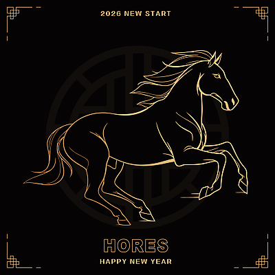 동물 동양문화 전통 디자인 기념일 예술 일러스트 검은배경 새해 한자 희망 금색 새해인사 말_게임 축복 시작 2026년 국내일러스트 병오년 AI파일 문자 감정 문화 컬러 백그라운드 컨셉 이벤트 검은색 인사 연도 파일형식 벡터