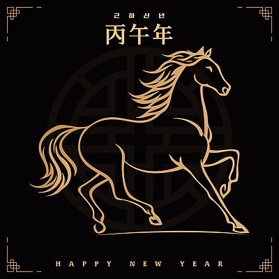 동물 전통 디자인 행복 문화 예술 상징 일러스트 검은배경 새해 기념 힘 기쁨 금색 축하 말_게임 그림 연휴 풍요 2026년 국내일러스트 병오년 AI파일 감정 컬러 백그라운드 컨셉 공휴일 검은색 연도 파일형식 벡터