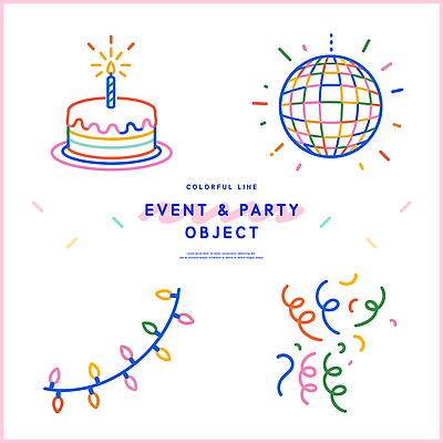 기념일 컬러 일러스트 가족 조명 이벤트 장식 친구 파티 케이크 축제 모임 축하 생일 화려 즐거움 파티용품 풍선 세레모니 국내일러스트 AI파일 감정 컨셉 관계 디저트 이벤트용품 파일형식 벡터