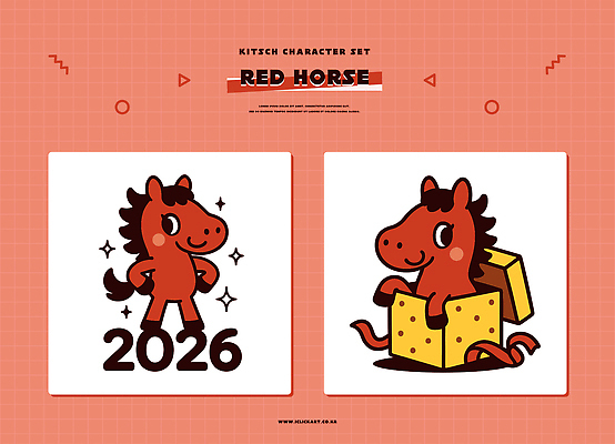 캐릭터 디자인 기념일 동물캐릭터 일러스트 포장 그래픽 세트 상자 컬러풀 귀여움 축제 즐거움 2026년 키치 일러캐릭터 병오년 붉은말 붉은말캐릭터 AI파일 동물 감정 컬러 컨셉 이벤트 말_동물 연도 말캐릭터 파일형식 벡터
