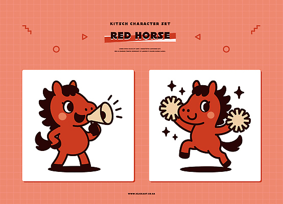 캐릭터 디자인 감정 포즈 일러스트 응원 모션 달리기 귀여움 축제 확성기 소리 활발 표현 춤 즐거움 키치 일러캐릭터 병오년 붉은말 붉은말캐릭터 AI파일 컨셉 문화예술 말_동물 말캐릭터 파일형식 벡터 2026년