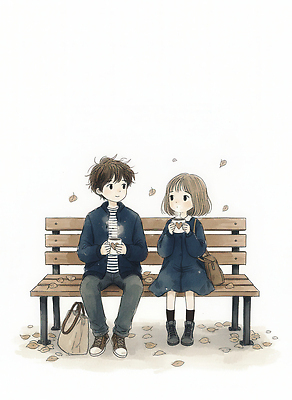 JPG 캐릭터 공원 행복 음료 벤치 일러스트 자연 나뭇잎 따뜻함 이야기 사랑 소녀 소년 일상 친구 만남 동료 소통 순간 국내일러스트 AI일러스트 AI콘텐츠 공공시설 여자 남자 감정 어린이 컨셉 잎 의자 관계 라이프 생태계 파일형식