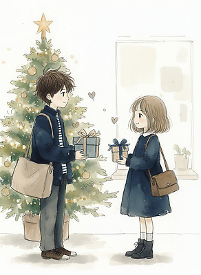 JPG 디자인 커플 행복 감정 크리스마스 겨울 일러스트 함께함 따뜻함 선물 사랑 미소 크리스마스트리 축제 기쁨 거래 만남 소중 그림 순간 국내일러스트 AI일러스트 AI콘텐츠 계절 기념일 컨셉 관계 표정 파일형식