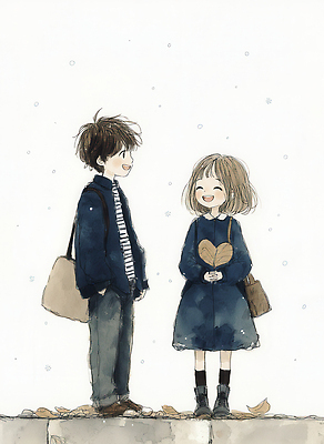 JPG 캐릭터 행복 감정 겨울 일러스트 자연 나뭇잎 따뜻함 대화 사랑 미소 웃음 풍경 소녀 소년 일상 친구 만남 표현 국내일러스트 AI일러스트 AI콘텐츠 계절 여자 남자 어린이 컨셉 잎 관계 표정 말하기 라이프 생태계 파일형식