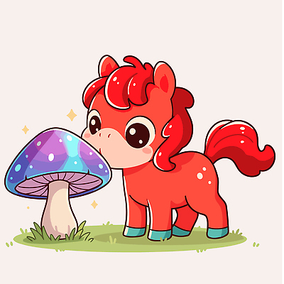 동물 캐릭터 어린이 컬러 일러스트 자연 동화 이야기 초원 빨간색 평화 귀여움 환경 버섯 만남 신비 즐거움 호기심 조랑말 일러캐릭터 붉은말 붉은말캐릭터 AI파일 감정 컨셉 사람 말_동물 생태계 말캐릭터 파일형식 벡터