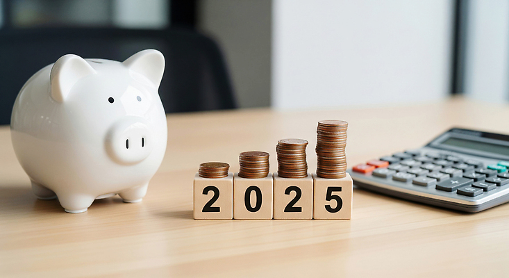 JPG 편집이미지 금융 경제 동전 저축 저금통 계산기 투자 자산관리 목표설정 연말정산 숫자블록 2025년 편집실사 돈 비즈니스 문구용품 블록 장비 연도 CG 파일형식