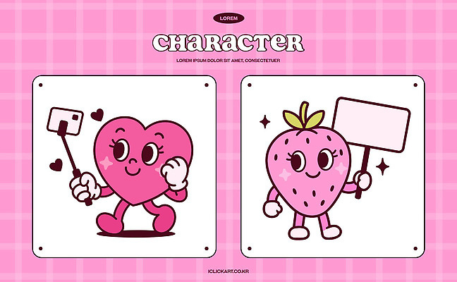 모양 캐릭터 컬러 컨셉 과일 프레임 사진촬영 파일형식 벡터 하트 딸기 분홍색 귀여움 셀프카메라 팻말 표정 디자인 생동감 포즈 감정 화사함 스타일링 AI파일 일러스트 일러캐릭터