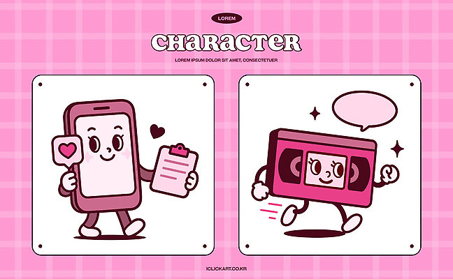 캐릭터 감정 컬러 컨셉 파일형식 벡터 전화기 비디오테이프 소통 즐거움 분홍색 상상 예술 디자인 귀여움 모션 놀이 표현 스토리 포즈 문화 모던 AI파일 일러스트 일러캐릭터