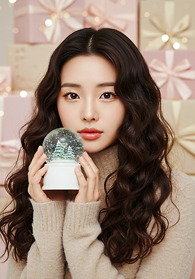 기념일 컨셉 상의 유리 표정 사람 뷰티 머리 구슬 CG 파일형식 여자 스웨터 유리구슬 눈사람 크리스마스 백그라운드 장식 머리카락 흐름 포즈 화장 미소 분위기 스타일 세련 편집이미지 편집실사 JPG 의료성형뷰티