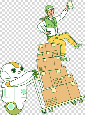 감정 컨셉 비즈니스 파일형식 로봇 운반 오브젝트 상자 작업 사무실 배송 효율 기술 사람 기쁨 협력 자동화 편집이미지 PNG