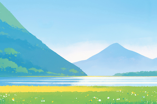 JPG 나무 꽃 호수 일러스트 자연 하늘 산 밝음 풍경 초록색 물 여름 평화 산책로 동산 베이지색 뷰티풀 청명 국내일러스트 AI일러스트 AI콘텐츠 자연요소 식물 계절 길 컬러 컨셉 생태계 파일형식