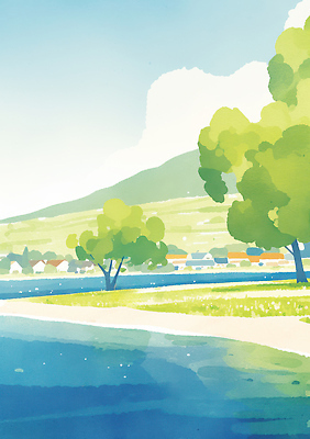 JPG 나무 길 여유 컬러 여행 일러스트 자연 하늘 산 풍경 초록색 강 햇빛 평화 고요 도시 수면 오후 국내일러스트 AI일러스트 AI콘텐츠 식물 감정 컨셉 물 태양 생태계 파일형식