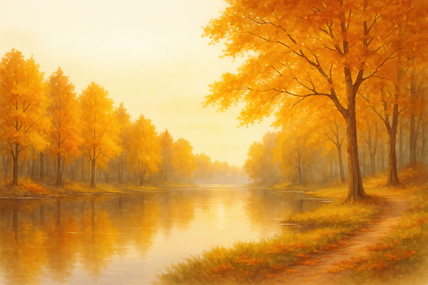 자연요소 식물 계절 컬러 컨셉 잎 레저 휴식 태양 야간 생태계 파일형식 풍경 나무 강 단풍 햇빛 자연 평화 뷰티풀 물 반사 숲 노란색 고요 트래킹 길 저녁 산책 국내일러스트 일러스트 JPG 가을