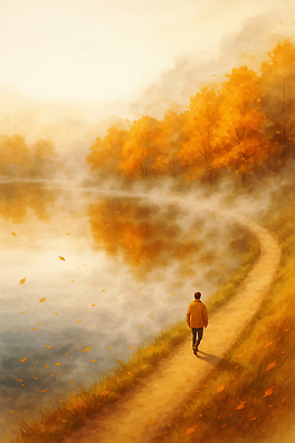 주간 자연요소 식물 계절 컬러 컨셉 잎 모션 날씨 휴식 사람 생태계 파일형식 호수 산책 남자 안개 단풍 나무 평화 아침 풍경 자연 걷기 고요 주황색 장면 물 나뭇잎 회색 국내일러스트 일러스트 JPG 가을