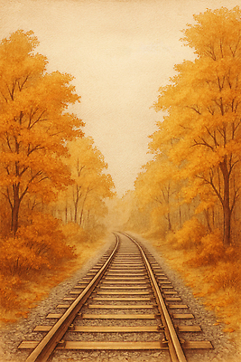 식물 계절 꽃 육상교통 잎 휴식 대중교통 태양 생태계 파일형식 단풍 기차 선로 풍경 자연 나무 고요 햇빛 숲 조용 여행 길 궤도 민들레 산책 트랙 국내일러스트 일러스트 JPG 가을