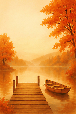 나무 식물 계절 컨셉 잎 배_교통 재료 레저 휴식 풍경 노을 생태계 파일형식 단풍 호수 보트 평화 자연 조용 물가 목재 차분 따뜻함 힐링 낚시 여행 산책 뷰티풀 일출 일몰 국내일러스트 일러스트 JPG 가을