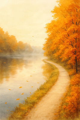 식물 계절 길 컬러 컨셉 잎 휴식 풍경 노을 생태계 파일형식 단풍 나무 물가 평화 차분 노란색 자연 산책로 반사 고요 뷰티풀 숲 일몰 나뭇잎 강 조용 산책 국내일러스트 일러스트 JPG 가을