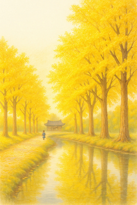 자연요소 나무 식물 계절 컬러 컨셉 잎 휴식 풍경 그림 생태계 파일형식 은행나무 노란색 물가 길 자연 고요 뷰티풀 단풍 산책 물 반사 풍경화 국내일러스트 일러스트 JPG 가을