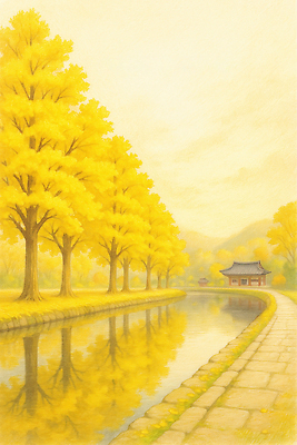 나무 식물 건축물 계절 감정 컬러 컨셉 잎 생태계 파일형식 은행나무 강 건물 풍경 자연 여유 평화 뷰티풀 반사 한가함 노란색 조용 길 하늘 소리 감상 국내일러스트 일러스트 JPG 단풍 가을