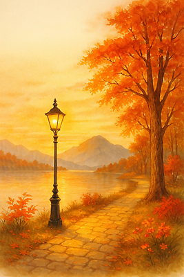 자연요소 식물 계절 공공시설 길 컨셉 잎 휴식 태양 야간 생태계 파일형식 저녁 호수 보행로 가로등 노을 나무 풍경 평화 자연 산 햇빛 감정 컬러 조명 산책 길가 뷰티풀 열매 국내일러스트 일러스트 JPG 단풍 가을