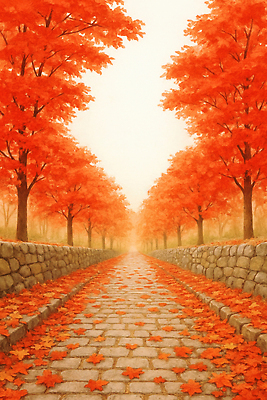 식물 계절 감정 길 컬러 컨셉 잎 교통시설 휴식 담장 돌_바위 생태계 파일형식 단풍 나무 도로 돌담 풍경 낙엽 주황색 자연 뷰티풀 산책로 고독 산책 숲 시골 평화 하늘 국내일러스트 일러스트 JPG 가을