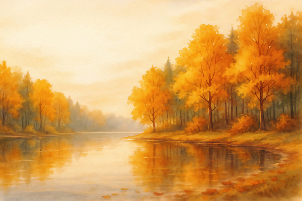 식물 계절 감정 컬러 컨셉 잎 휴식 풍경 태양 생태계 파일형식 호수 단풍 숲 나무 물결 평화 자연 반사 조용 햇빛 차분 금색 여유 산책 물가 국내일러스트 일러스트 JPG 가을