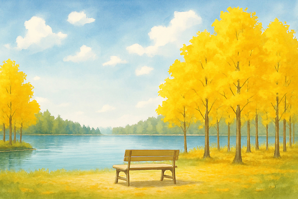 식물 계절 컬러 컨셉 잎 의자 모션 휴식 풍경 생태계 파일형식 호수 나무 벤치 차분 노란색 자연 평화 예술 경관 휴식처 산책 숲 장면 그리기 하늘 국내일러스트 일러스트 JPG 단풍 가을