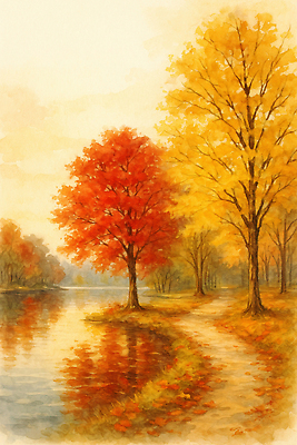 나무 식물 계절 길 잎 풍경 노을 생태계 파일형식 단풍 호수 반사 컬러 자연 고요 물가 산책로 수채화 일몰 뷰티풀 나뭇가지 그림 시골 조용 국내일러스트 일러스트 JPG 가을