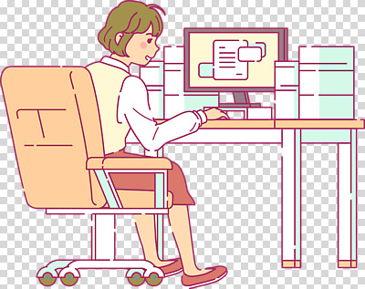 주간 컨셉 의자 비즈니스 사람 전자제품 작업 개발 파일형식 여자 사무실 컴퓨터 집중 책 사무용의자 아침 오후 스크린 프로그래밍 자료 타이핑 편집이미지 PNG